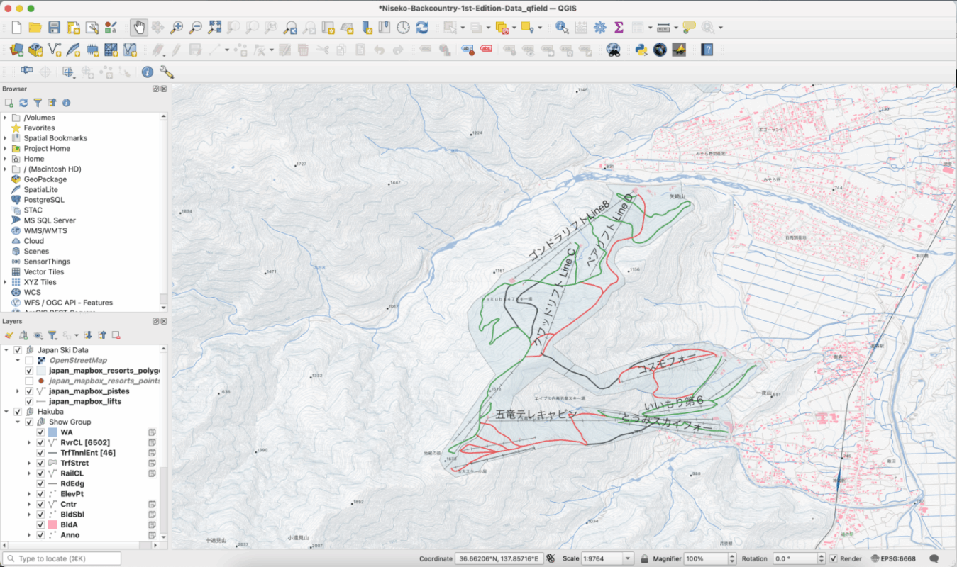 Creating a Hakuba ski resort map in QGIS using OpenStreetMap data for lifts and pistes