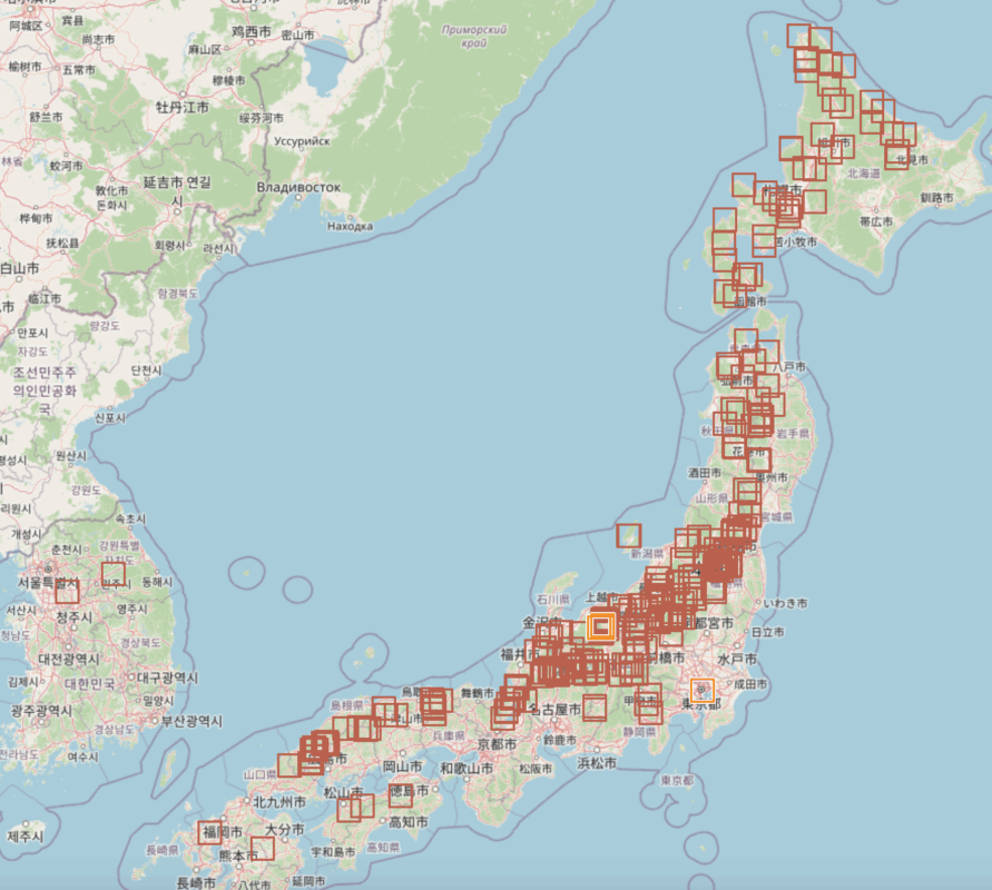 Map showing Sknowed OpenStreetMap edits across Japan including ski resort mapping data