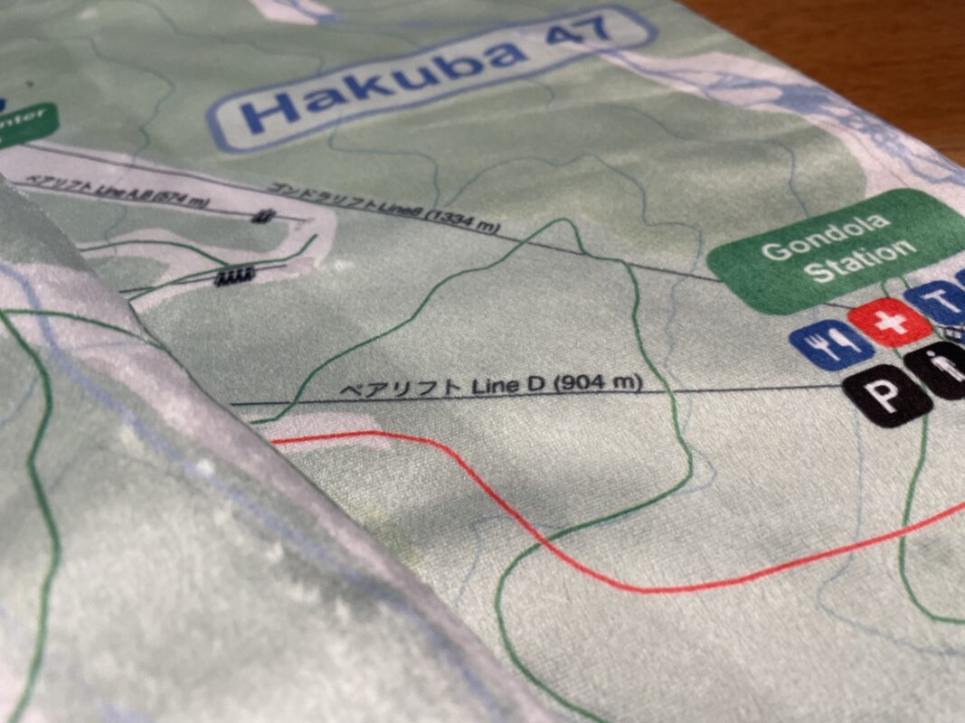 Hakuba 47 ski resort map printed on blanket showing Gondola Station and Bear Lift Line D (904 m)